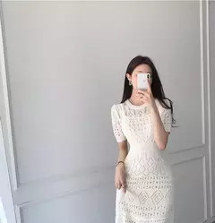 Imagem do Vestido de malha de manga curta feminino, seda gelada, branco, oco Fashion, Celebridade Linha A, Verão, Novo, 2024