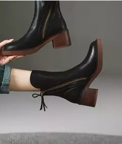 Botas de plataforma chelsea para mulheres, salto robusto, dedo do pé redondo, marrom, ankle boots, salto alto, couro, ao ar livre, novo