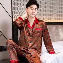 Imagem do Conjuntos de pijama masculino de cetim de seda manga comprida, pijamas masculinos, camisola estampada, Casa, Soft Cozy Sleepwear Calças, Novo