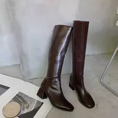 Botas de couro PU na altura do joelho com salto grosso para mulheres, botas longas quentes, sapatos femininos, zíper macio, moda inverno 2023 - loja online