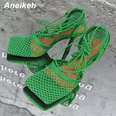 Imagem do Aneikeh-bombas de malha sexy para mulheres, sandálias de dedo quadrado, salto alto, lace-up, cross-tied, stiletto, vestido de festa, verão, 2022