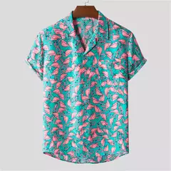 Camisa de praia de manga curta masculina, tops florais soltos, roupa de secagem rápida, estampa havaiana flamingo, férias à beira-mar na internet