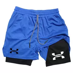 Imagem do Shorts esportivos de malha rápida seca para homens, corrida, treino, compressão, corrida, fitness, ginásio, desempenho, casual, verão, 2 em 1