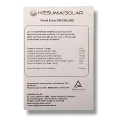 Panel solar monocristalino 20W 12V HISSUMA - HISSUMA MATERIALES