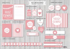 KIT DESAYUNO IMPRIMIBLE CUMPLEAÑOS ROSA CORAZON - comprar online