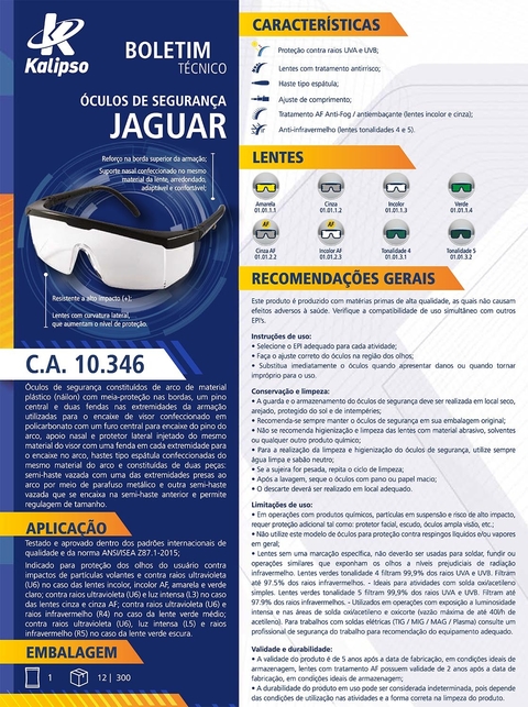 ÓCULOS DE SEGURANÇA PROTEÇÃO FRONTAL EPI JAGUAR AMARELO KALIPSO - BlueAr