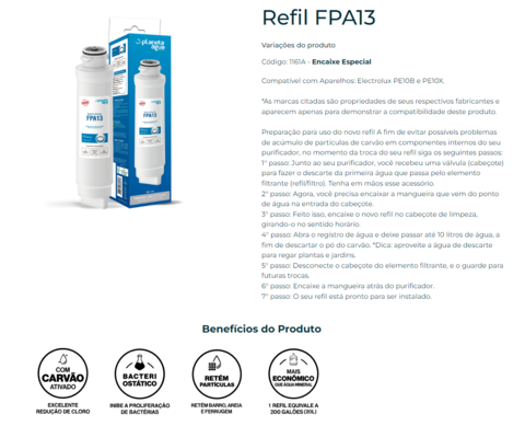 REFIL FILTRO PURIFICADOR ELECTROLUX PAPPCA20 PE10B PE10X - comprar online