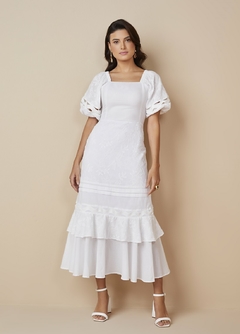 Vestido Mídi Evasê Tricoline com Laise Branco