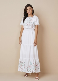 Vestido Evasê Longo Crepe com Bordado Floral