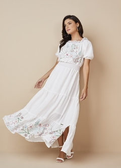 Vestido Evasê Longo Crepe com Bordado Floral - comprar online