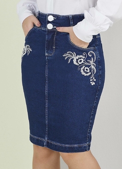 Saia Tradicional Jeans Com Bordado Floral Industrial 55cm
