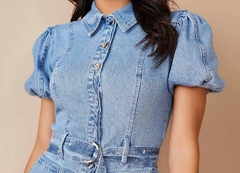 Vestido Glam Evasê Jeans com Faixa e Barra Desfiada - comprar online