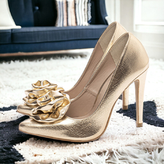 Sapato Scarpin Salto 12 Elegante Dourado-Nova Coleção