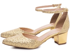 Sapato Scarpin Arrasadora Salto Bloco Grosso Tamanho Grande 40 ao 43 Glitter Dourado - loja online