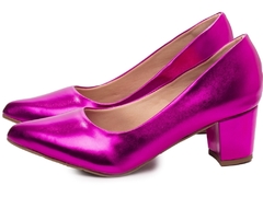Imagem do Sapato Scarpin Salto Bloco Grosso Baixo Arrasadora Tamanho Grande 40 ao 43 Metalizado Pink