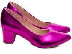 Sapato Scarpin Salto Bloco Grosso Baixo Arrasadora Tamanho Grande 40 ao 43 Metalizado Pink - loja online