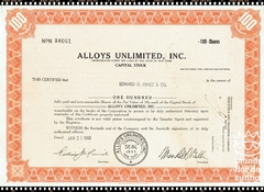 Certificado de Ação da Alloys Unlimited, Inc. 1968 - Estados Unidos da América