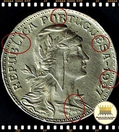 Km 577 Portugal 50 Centavos 1927 SOB Rara # Moeda Anômala por Quebra de Cunho (5 Marcas em apenas um lado da moeda) ®