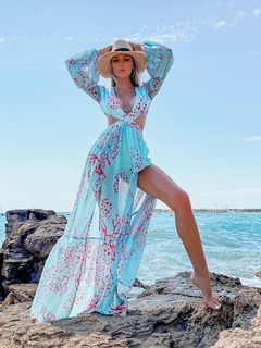 Vestido/Saída de Praia Azul Estampada