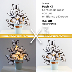 Pack de 3 Centros de Mesa con Luz Blanco y Dorado