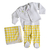 Conjunto de Calça Punho bebê Vichy Amarelo com e body branco gola bordada bus em algodão pima com casaco de jacquard e manta xadrez amarelo