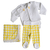 Conjunto de Calça Punho bebê Vichy Amarelo com e body branco gola bordada Girafa em algodão pima com casaco de jacquard e manta xadrez amarelo