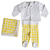 Conjunto de Calça Punho bebê Vichy Amarelo com e body branco gola bordada abelha em algodão pima com casaco de jacquard e manta xadrez amarelo