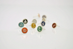 Initial Ear Studs - Color Inlay Stone - Sterling Silver 925