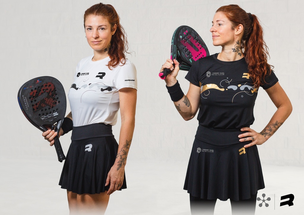 Remera Royal Padel Oficial Berlin Dama Premier MDQ Negra con Dorado Paddle