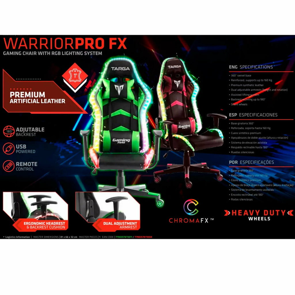 Silla Pc Gamer Targa Warrior Pro Fx Roja Luces Rgb 160kg (Outlet)