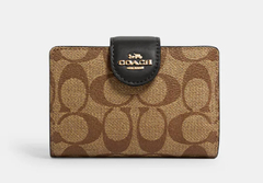 Carteira Coach Medium Corner Zip Wallet In Signature Canvas - Gold/Khaki/Black