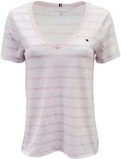 Camiseta Tommy Hilfiger Branca Striped Rosa - TH2970 - Tamanho P
