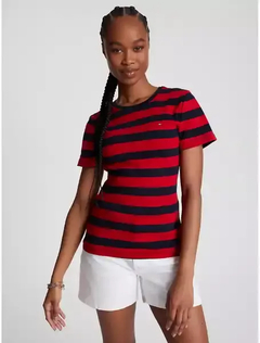 Camiseta Feminina Tommy Hilfiger Striped Blue/ Red- TH1112- Tamanho GG
