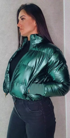 Bomber puffer cropped verde metalizada - Tamanho M na internet