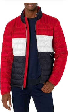 Jaqueta Puffer Tommy Hilfiger Masculina Vermelha com detalhes Creme e Azul l- TH4155 - Tamanho G