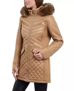 Jaqueta Michael Kors Faux-Fur-Trim Hooded Quilted Coat Marrom - Tamanho M