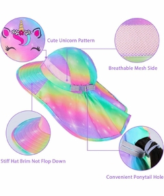 Chapéu Proteção Solar Unicórnio Rainbow - Tamanho de 2 a 9 anos - Mimos de Orlando