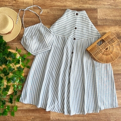 Conjunto Cropped e Saia Midi Linho