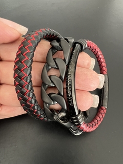 *Pulsera NEGRA & ROJA CUERO TRENZADO - tienda online