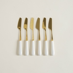 Set x 6 Cuchillos Untadores de Acero Dorado Mango Blanco