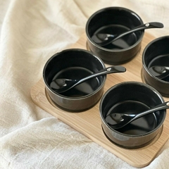 Imagen de Set x 4 Copetineros Ceramica con Base de Bamboo y Cucharas Cuadrado