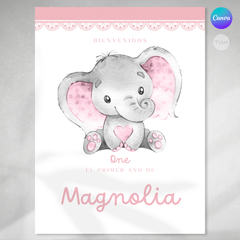 Poster imprimible cumpleaños, cartel elefante 18x24 inches, cartel elefante rosa, poster personalizable canva, elefante rosa printable tukit