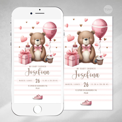 Invitacion digital osito baby shower rosa tukit