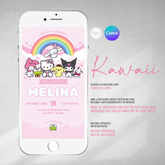 Invitacion editable de cumpleaños kitty y sus amigos, kawaii tukit
