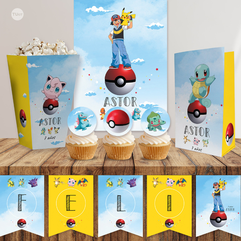 Kit imprimible pokemon cumpleaños cielo candy bar