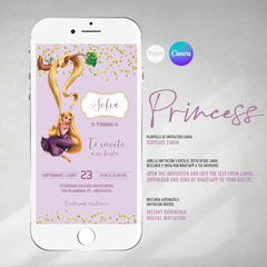 Invitacion princesa rapunzel texto editable canva tukit