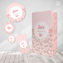 Kit imprimible pajarito rosa flores rosas tukit