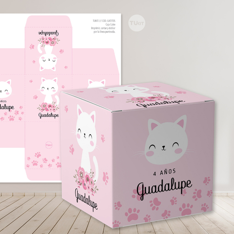 Caja cubo imprimible gatitos flores rosas tukit