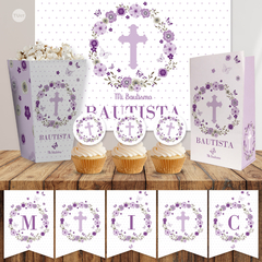 Kit imprimible bautismo comunión flores lilas mariposas tukit - TuKit