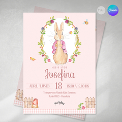 Invitacion peter rabbit rosa texto editable canva tukit - comprar online